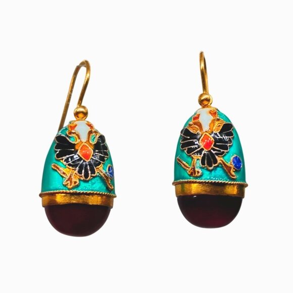Enamel Eagle Carnelian Egg Drop Earrings Countess Petrovna by Museum of Jewelry - Picture 1 of 4